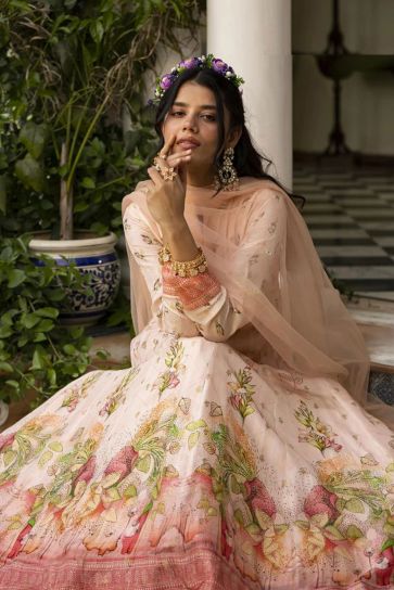 Stunning Peach Color Jacquard Fabric Printed Gown With Dupatta