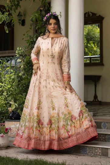 Fancy Peach Sequence & Embroidered Work Gown With Dupatta