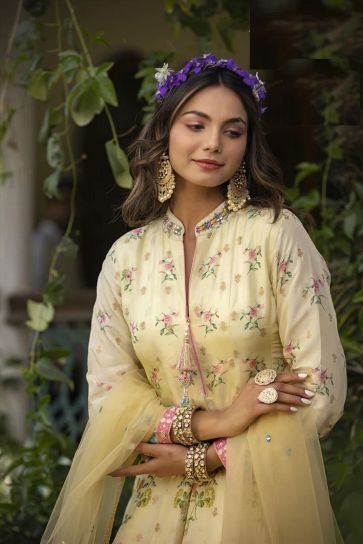Elegant Jacquard Fabric Cream Color Printed Gown With Dupatta