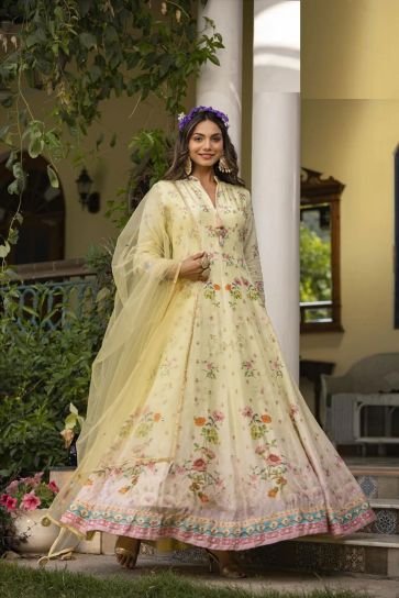 Elegant Jacquard Fabric Cream Color Printed Gown With Dupatta