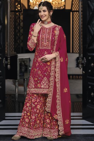 Art Silk Fabric Red Color Fantastic Festive Look Palazzo Suit