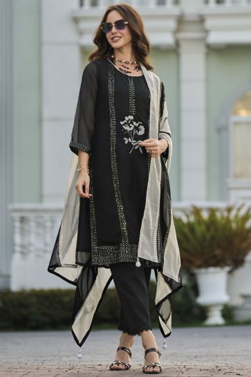 Blazing Black Color Sangeet Wear Organza Fabric Readymade Salwar Suit