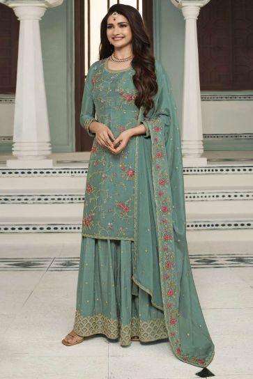 Prachi Desai Glamorous Viscose Fabric Sea Green Color Palazzo Suit