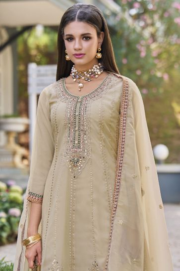 Organza Fabric Beige Color Glamorous Embroidered Work Salwar Suit
