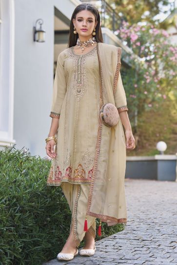 Organza Fabric Beige Color Glamorous Embroidered Work Salwar Suit