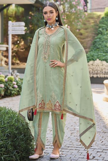 Sea Green Color Organza Fabric Glorious Salwar Suit With Embroidered Work