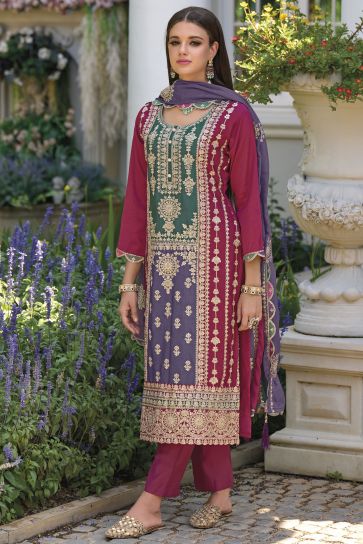 Chinon Fabric Embroidered Work Wondrous Readymade Salwar Suit In Pink Color