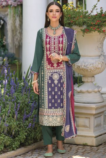 Chinon Fabric Embroidered Work Vintage Readymade Salwar Suit In Green Color