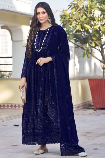 Dazzling Georgette Fabric Navy Blue Color Embroidered Anarkali Suit