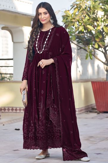 Glamorous Georgette Fabric Wine Color Embroidered Anarkali Suit