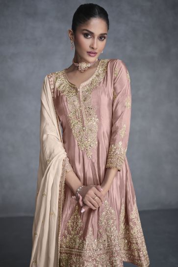 Sushrii Mishraa Organza Silk Fabric Captivating Peach Color Readymade Salwar Suit