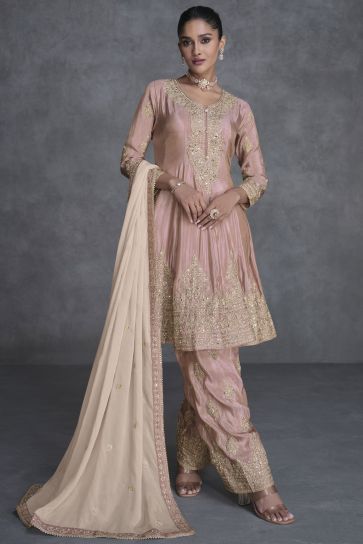 Sushrii Mishraa Organza Silk Fabric Captivating Peach Color Readymade Salwar Suit