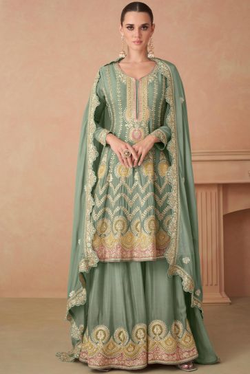 Eugeniya Belousova Chinon Fabric Captivating Sea Green Color Palazzo Suit