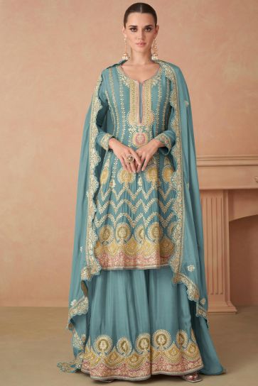 Eugeniya Belousova Chinon Fabric Cyan Color Gorgeous Palazzo Suit
