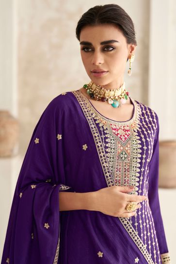 Fabulous Chinon Fabric Purple Color Readymade Salwar Suit