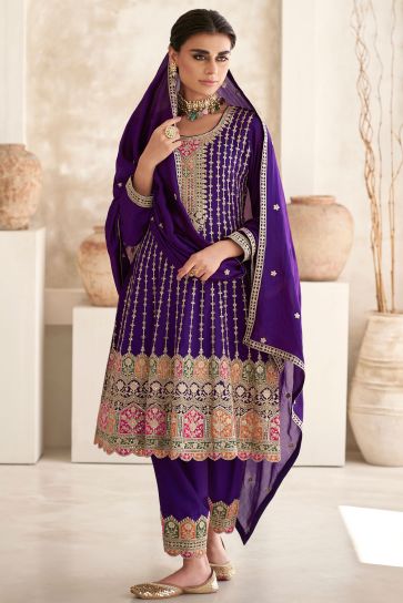 Fabulous Chinon Fabric Purple Color Readymade Salwar Suit