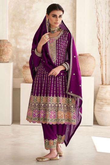 Chinon Fabric Captivating Wine Color Readymade Salwar Suit