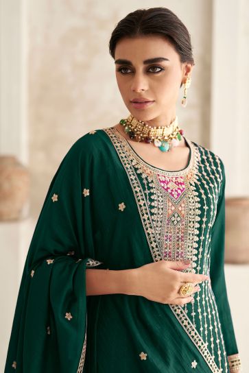 Green Color Chinon Fabric Glamorous Look Readymade Salwar Suit