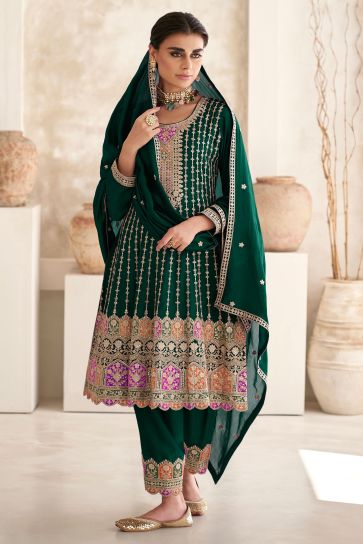 Green Color Chinon Fabric Glamorous Look Readymade Salwar Suit
