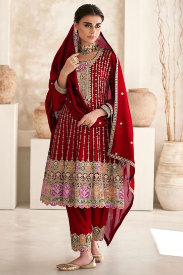 Chinon Fabric Red Color Gorgeous Look Readymade Salwar Suit