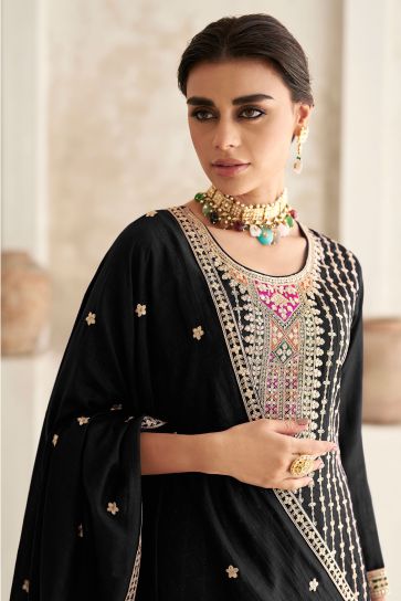 Chinon Fabric Black Color Stylish Look Readymade Salwar Suit