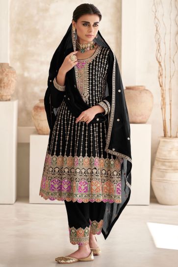Chinon Fabric Black Color Stylish Look Readymade Salwar Suit