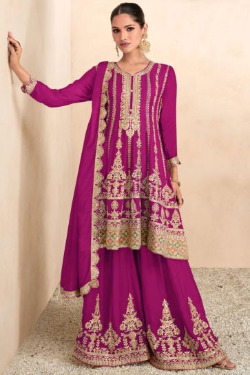 Vartika Singh Soothing Embroidered Work On Rani Color Chinon Fabric Palazzo Suit
