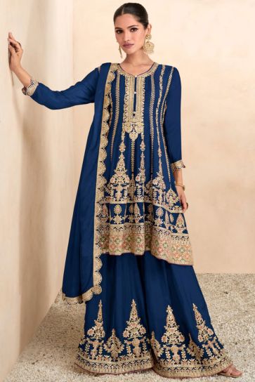 Vartika Singh Embroidered Work On Chinon Fabric Blue Color Gorgeous Palazzo Suit