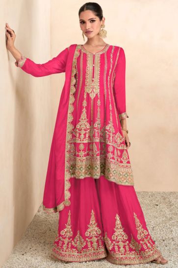 Vartika Singh Graceful Chinon Fabric Pink Color Palazzo Suit With Embroidered Work
