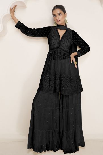 Georgette Fabric Black Color Glamorous Readymade Sharara Suit