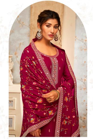Dazzling Georgette Fabric Rani Color Embroidered Palazzo Suit