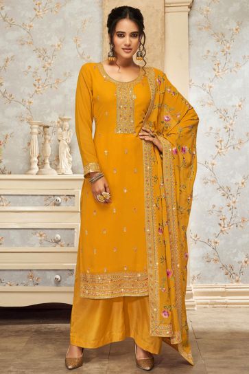 Radiant Yellow Color Georgette Fabric Embroidered Palazzo Suit