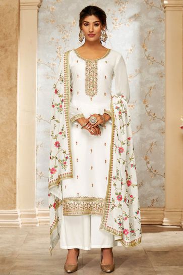 Georgette Fabric White Color Excellent Embroidered Palazzo Suit