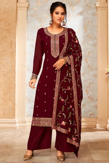 Glamorous Georgette Fabric Maroon Color Embroidered Palazzo Suit