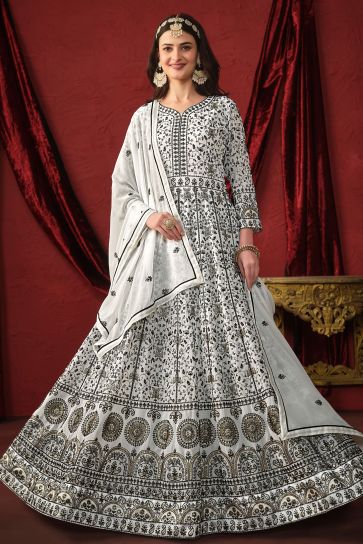 Georgette Fabric White Color Embroidered Winsome Anarkali Suit