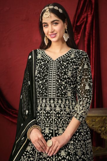 Creative Embroidered Georgette Fabric Anarkali Suit In Black Color