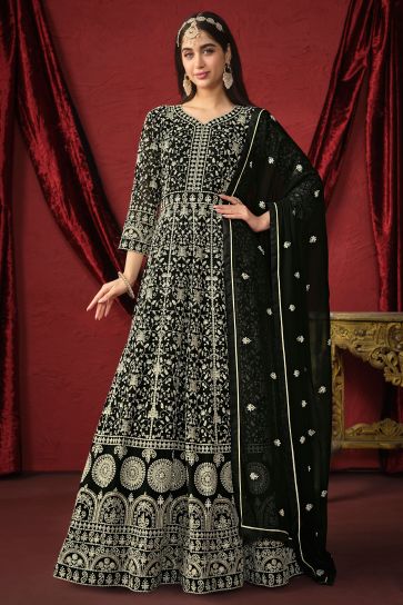 Creative Embroidered Georgette Fabric Anarkali Suit In Black Color