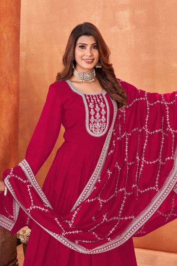Art Silk Fabric Rani Color Excellent Function Wear Anarkali Suit