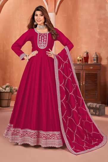 Art Silk Fabric Rani Color Excellent Function Wear Anarkali Suit