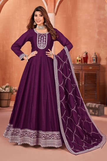 Fascinating Purple Color Art Silk Fabric Function Wear Anarkali Suit