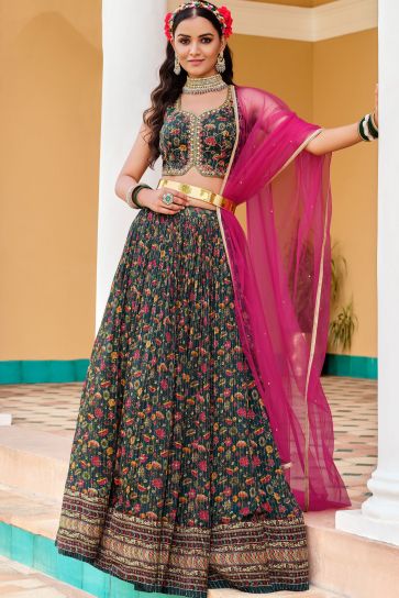 Excellent Chinon Fabric Teal Color Readymade Lehenga