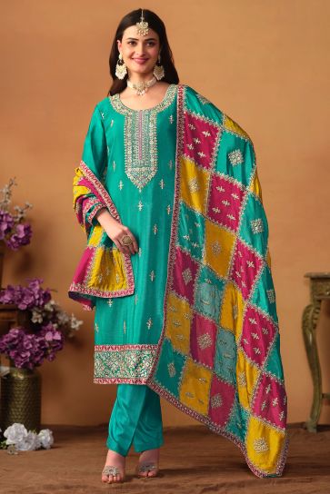 Radiant Sea Green Color Chinon Silk Fabric Designer Suit With Multi Color Dupatta