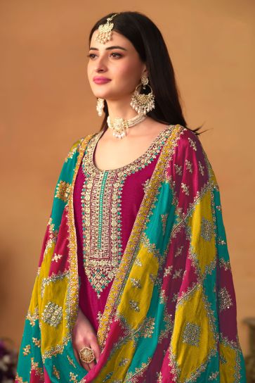 Chinon Silk Fabric Rani Color Excellent Designer Suit With Multi Color Dupatta