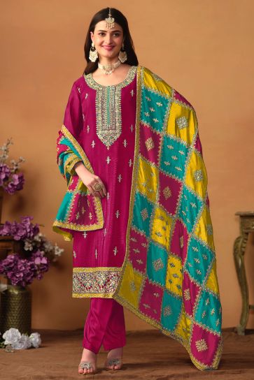 Chinon Silk Fabric Rani Color Excellent Designer Suit With Multi Color Dupatta