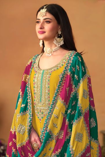 Glamorous Chinon Silk Fabric Yellow Color Designer Suit With Multi Color Dupatta