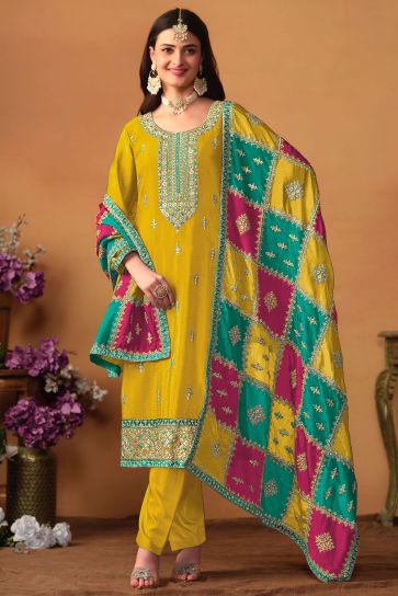 Glamorous Chinon Silk Fabric Yellow Color Designer Suit With Multi Color Dupatta