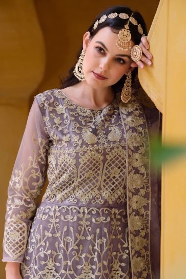 Alluring Net Fabric Lavender Color Party Style Anarkali Suit