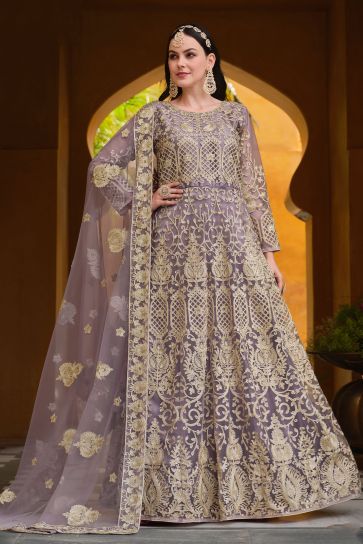 Alluring Net Fabric Lavender Color Party Style Anarkali Suit