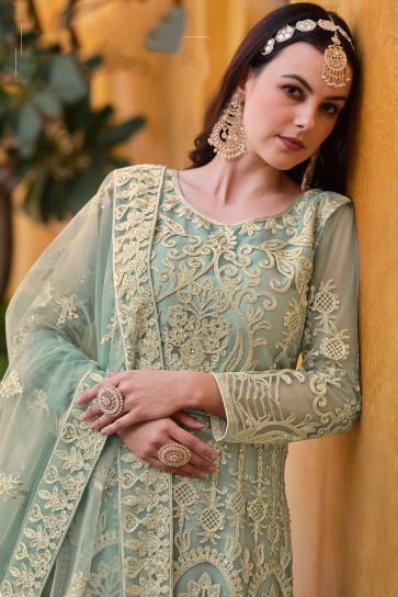 Green Color Net Fabric Elegant Party Style Anarkali Suit