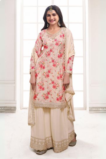 Prachi Desai Floral Printed Beige Color Inventive Palazzo Suit In Chinon Fabric